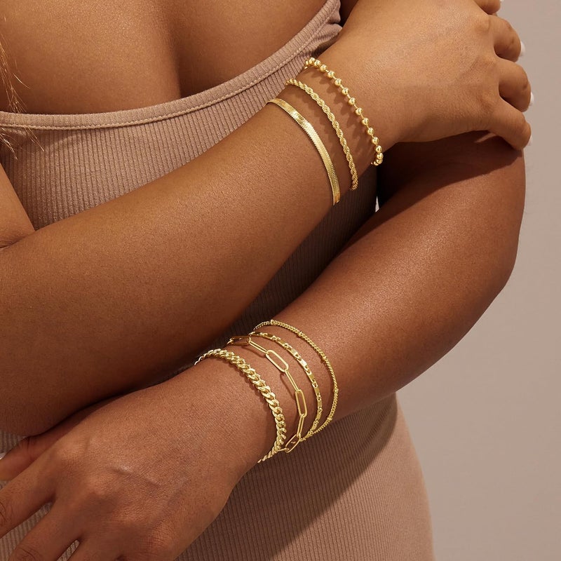 Poxtex Gold Bracelets Set for Women Stack, Dainty Thick Bracelets Stack for Women Trendy, Simple Thin Gold Plated Cuff Stackable Bracelets With Beaded Cuban Paperclip Snake Rope Bangle Hand Chain Jewelry Gifts for Women Non Tainish - Image 4